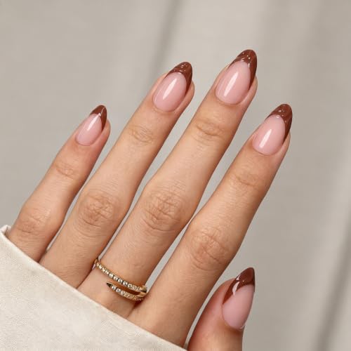 GJZEZ Short Almond Press On Nails - Soft Gel Fake Nails, Mocha Brown