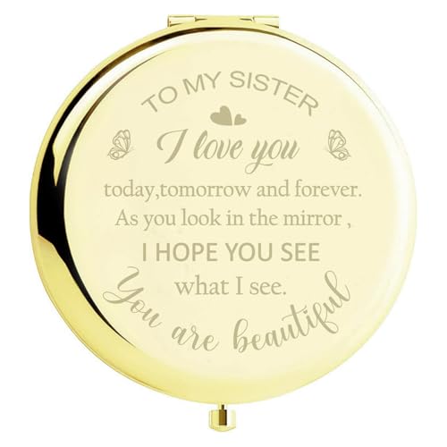 Gold Compact Mirror for Sister - 2.9" x 2.6" Birthday Gift