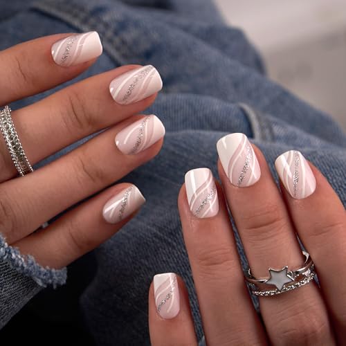 CurvLife Silver Whisper Short Gel Press On Nails Kit - Reusable Fake Nails with Glue & Tabs, Long-Lasting Square Manicure for Women