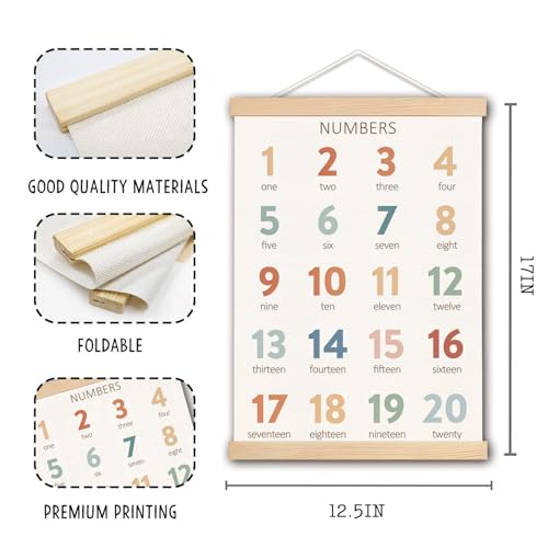 Numbers 1-20 Educational Poster with Wooden Hanger - 12.5x17 Inch Nursery Wall Art