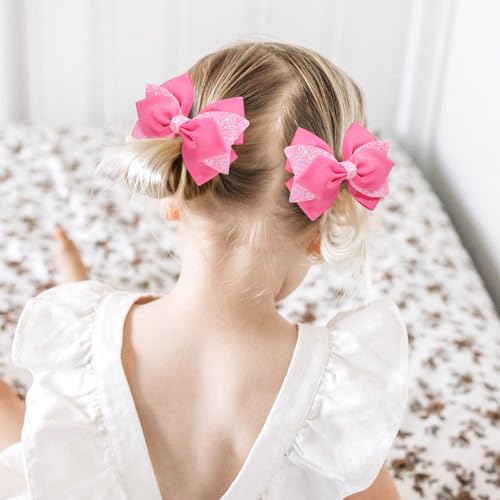 Pink Glitter Hair Bow Clips for Girls Kids Teens - 2PCS 4 Inch Sparkly Hair Accessories