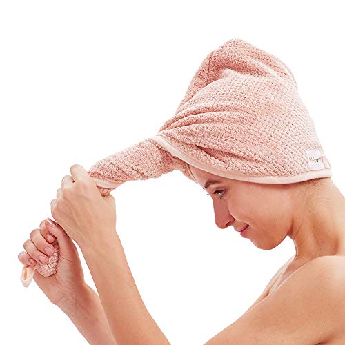 M-bestl 2 Pack Microfiber Hair Towel Wrap,Hair Drying Towel with Button,Quick Dry Hair Towel Turban for Women,Absorbent Anti-frizz Head Towel for Long Thick Curly Hair(Pink&Beige)