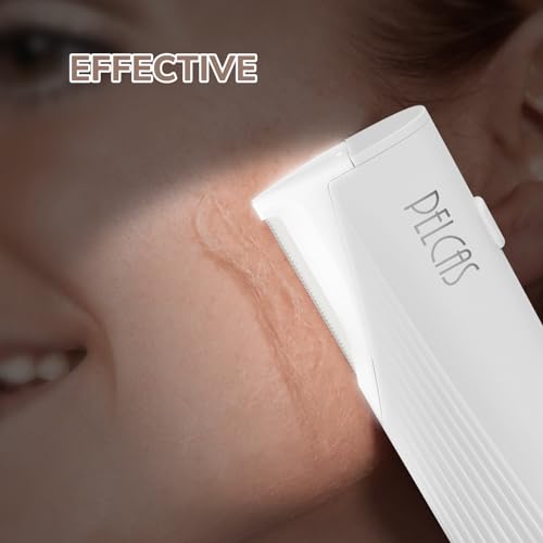 PELCAS Electric Dermaplaning Tool for Face with LED Light, Mini Facial Dermaplaning Razor Kit, Painless 3 Speeds Facial Peach Fuzz & Hair Removal At Home for Women with 6 Blades Off White