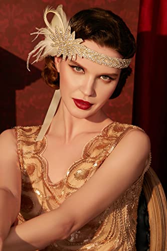 1920s Vintage White Flapper Headband with Feather & Crystals