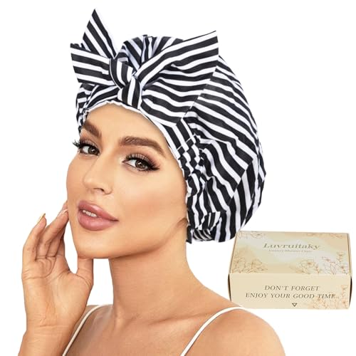 Luvruitaky Black Stripe Luxury Shower Cap for Women - Reusable Waterproof Hair Bath Cap with Adjustable Bowknot