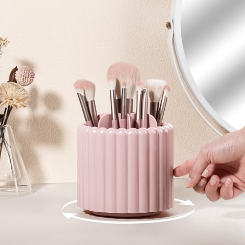 Rotating Makeup Brush Holder Organizer with 7 Removable Slots - Pink