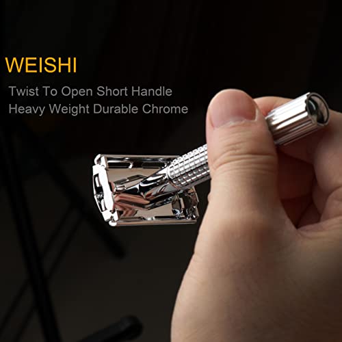 WEISHI Double Edge Safety Razor for Men and Women, Short Handle Twist-To-Open