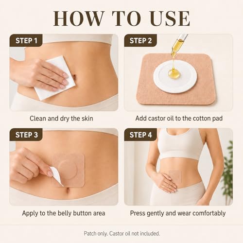 Autdor 50Pcs Castor Oil Patches, Disposable Castor Oil Pack Wrap with Organic Cotton Pad Self-Adhesive Belly Button Patch Cover Anti-Leakage No Wash Breathable Portable Pads for Stomach & Daily Use