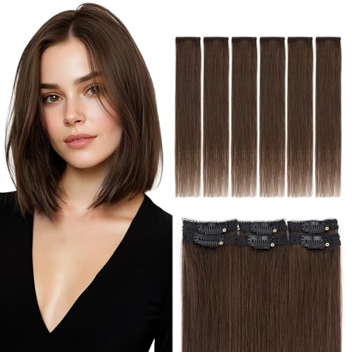 Elailite Dark Brown 10 Inch Short Clip-In Human Hair Extensions 6PCS, Natural Volume & Blends Well
