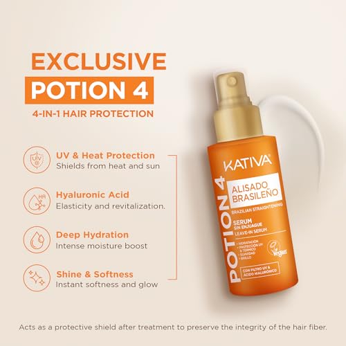 KATIVA Brazilian Keratin Straightening Kit - Alisado Brasile?o Keratina + Potion 4 Heat Protectant Serum, Smoothing, Anti Frizz, Hyaluronic Acid, Argan Oil, Vegan, Up to 12 Weeks