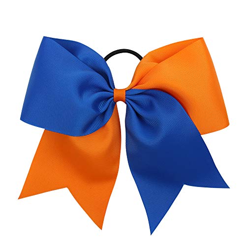 16PCS 8" Cheer Hair Bows - Royal Blue/Orange Ponytail Holders