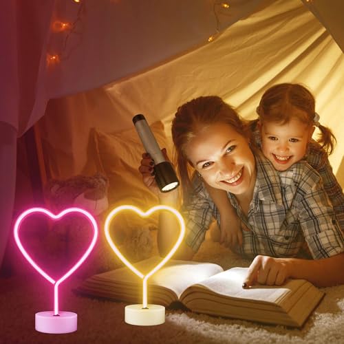Heart Neon Signs - 2 Pack LED Pink Lights for Home Decor