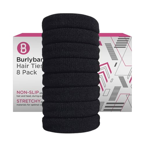 Burlybands Black Elastic Hair Ties Pack of 8 No Damage for Thick Heavy Hair