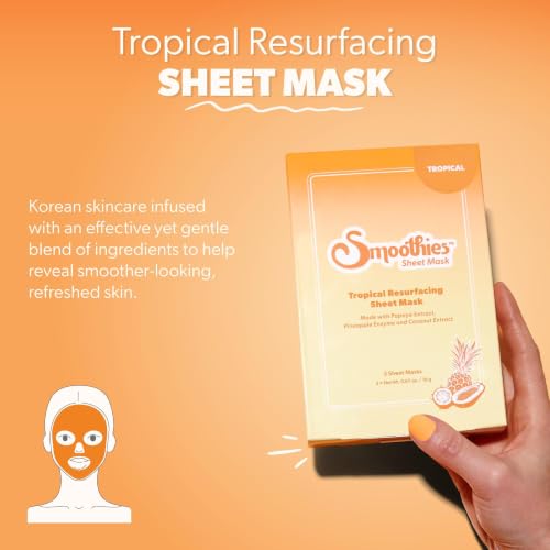 Smoothies Tropical Glow Resurfacing Sheet Mask 3 Pack - Brightening Korean Face Mask with Enzymes & Exfoliants