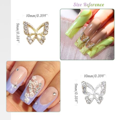 Qiipii 24Pcs Butterfly Nail Charms Bulk 3D Nail Art Gems – Gold & Silver Rhinestones for Acrylic Nails (Mix Rhinestones S)