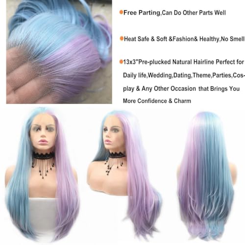 Serenewig Half Blue Half Purple Long Straight Synthetic Lace Front Wig for Women & Cosplay