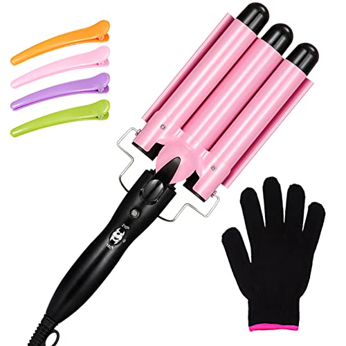 WILLBOND 25mm Pink Triple Barrel Curling Iron Wand with LCD Display