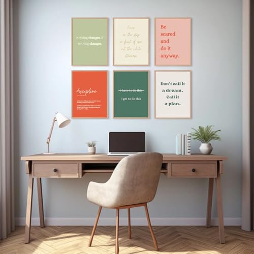 Motivational Wall Art Prints - Set of 6 Inspirational Quotes, 8x10 Unframed Canvas for Office & Home Decor