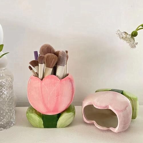 TANG SONG Pink Ceramic Tulip Makeup Brush Holder & Organizer