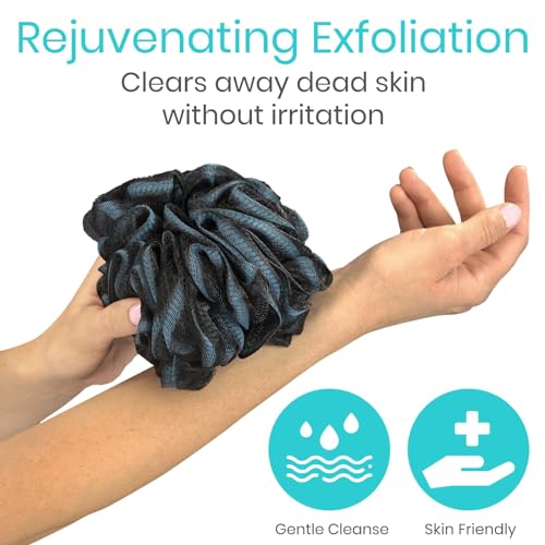 Vive Loofah Sponge Replacement Pack (Black & Blue, 4 Pack) - Exfoliating Shower Pouf for Body and Back