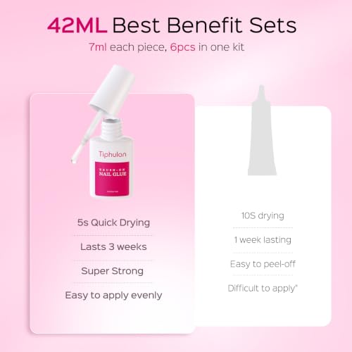 TIPHULAN Super Strong Nail Glue Kit - 6 Tubes, 42ml Brush-On, HEMA-Free