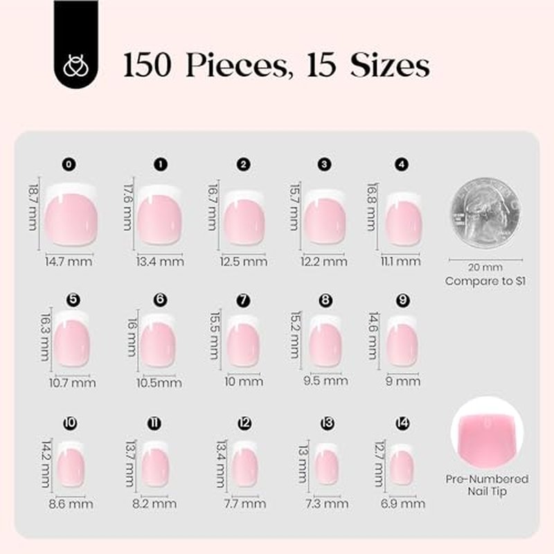 Beetles French Tips Press On Nails: 150 Pcs Pink Short Square Press On Nails Fake Nail Tips, Soft Gel Nail False Nails Art DIY Gifts For Women