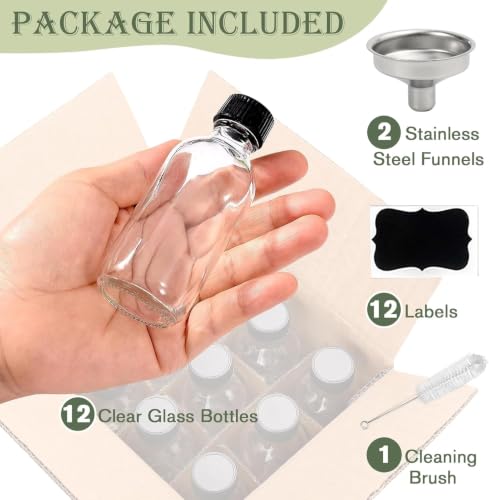 12 Pack 2oz Glass Boston Round Bottles with Lids for Ginger Shots - Clear Reusable Containers