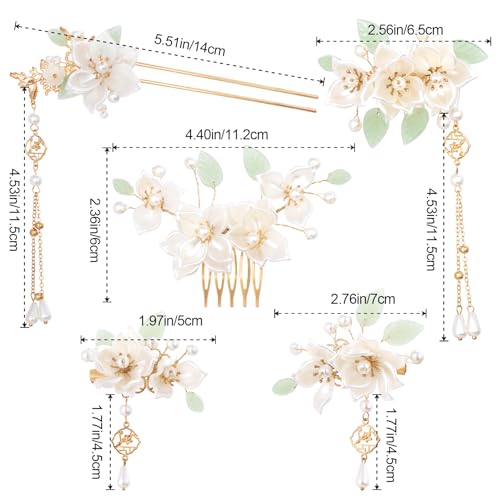 Camellia 5pcs White Flower Tassels Hairpins for Women Wedding Pearl Headpiece