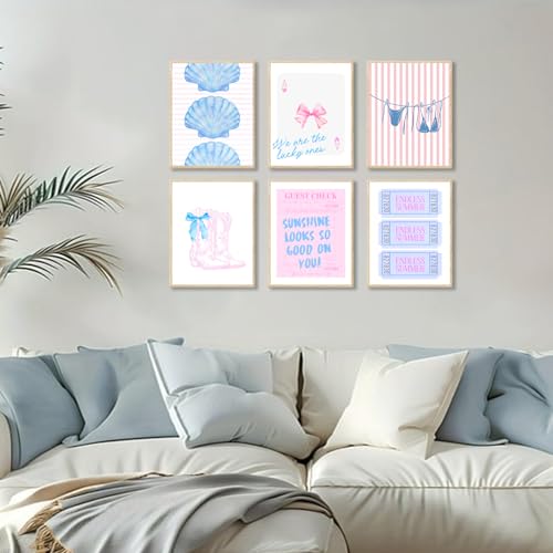 Coastal Cowgirl Wall Art Set - 6 Unframed Blue & Pink Prints