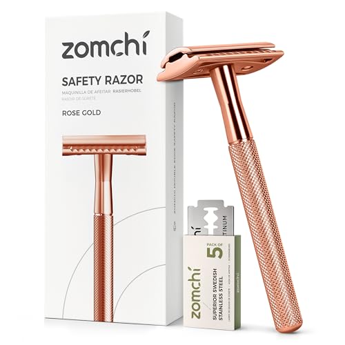 ZOMCHI Double Edge Safety Razor - Rose Gold Metal Shaver with 5 Blades