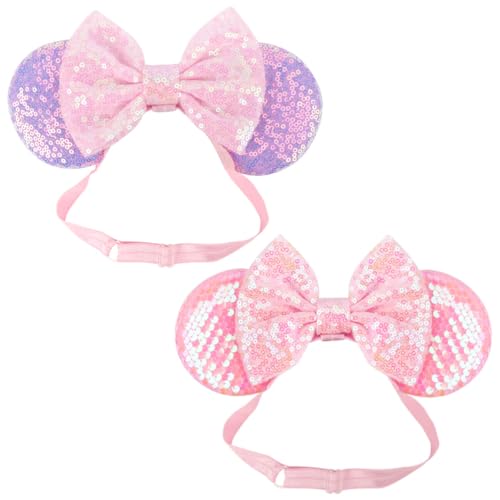 Minnie Mouse Ears Headbands with Bow - 2 Pcs Elastic Costume Accessories, Purple & Pink