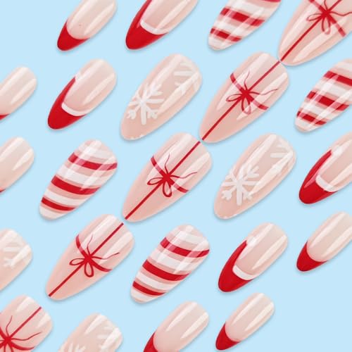 GUFUGU Style-39 Short Almond Christmas Press On Nails with Snowflake & Holiday Designs, 24 Pcs