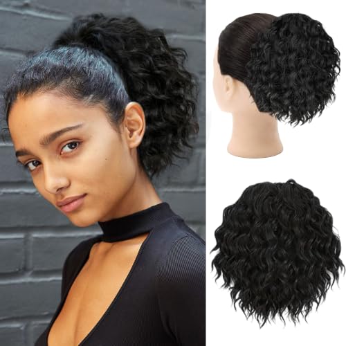 8 Inch Short Wavy Curly Drawstring Ponytail Extension - Jet Black Synthetic