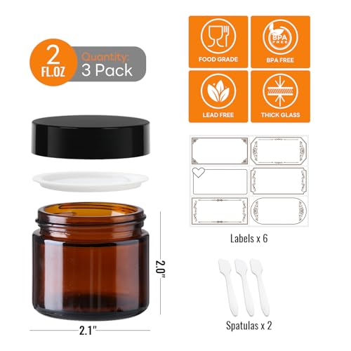 Amber 2oz Glass Cosmetic Jars with Lids - 3 Pack, Leak-Proof, Reusable Travel Containers