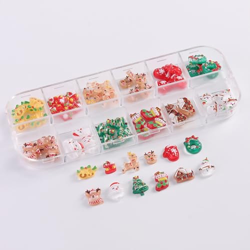 12 Grids Christmas Nail Art Charms Xmas 3D Resin Cute Santa Claus Elk