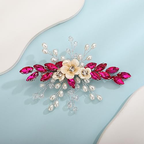 Xerling Rose Red Rhinestone Flower Hair Barrettes Clip Bridal Pearl Headpiece