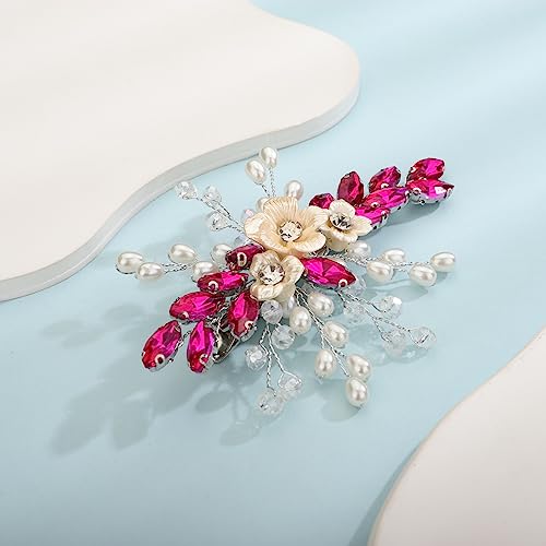 Xerling Rose Red Rhinestone Flower Hair Barrettes Clip Bridal Pearl Headpiece