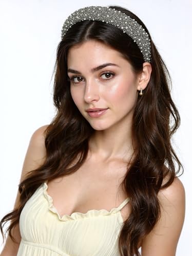 GIYAWA 2 Pieces Rhinestone & Pearl Headbands Black & Grey Wide Elegant Hair Accessories for Women