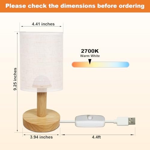 USB Powered Minimalist Bedside Table Lamp with Wood Base & Fabric Shade