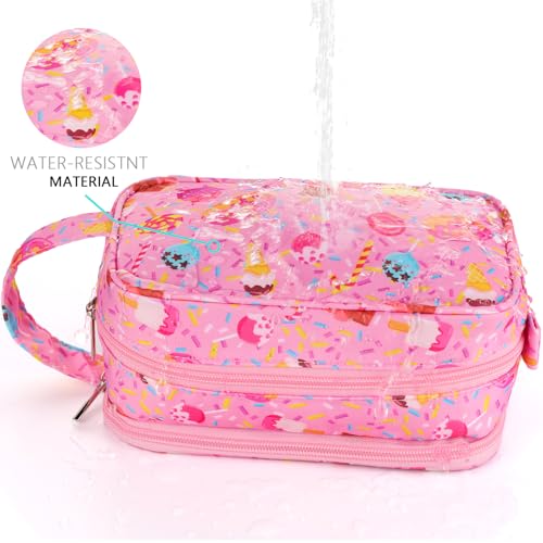 Foxstory Kids Toiletry Bag for Girls Candy Pink Travel Waterproof Hanging Cosmetic Bag for Toddlers