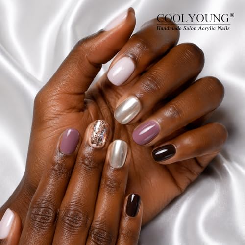 COOLYOUNG 25PC Short Glitter Fake Nails Reusable Soft Gel Acrylic Mix - Fit All / Sweet Edgy Glitter