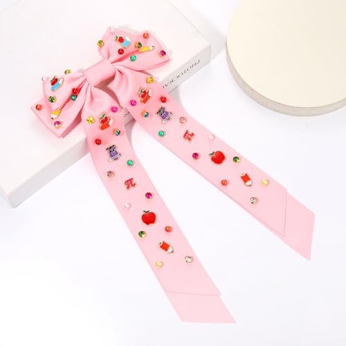 NVENF Pattern E Teacher Hair Bows for Women with Rhinestones – Pencil & Book Charms, Large 9.8-11.8in