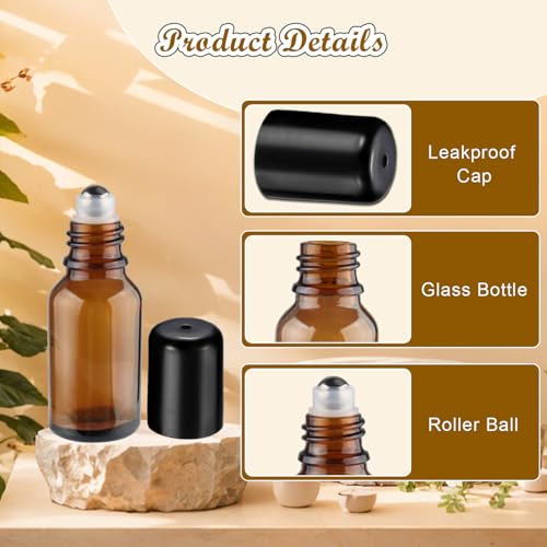 12-Pack 30ml Amber Glass Essential Oil Roller Bottles with Stainless Steel Balls