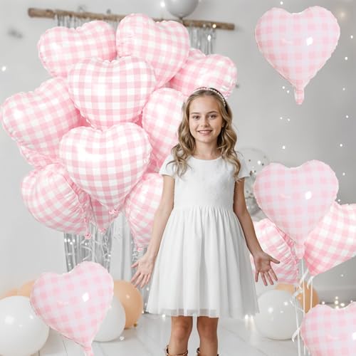 10PCS Pink Checkered Heart Foil Balloons - 18 Inch Party Decor