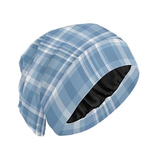 ElliTarr Satin Lined Sleep Bonnet for Curly Hair - Blue Plaid