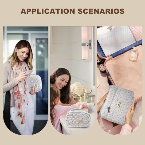 ZERFLUMP 3Pcs Travel Quilted Makeup Bag Set Pink Floral - Double Layer Cosmetic Organizer for Women