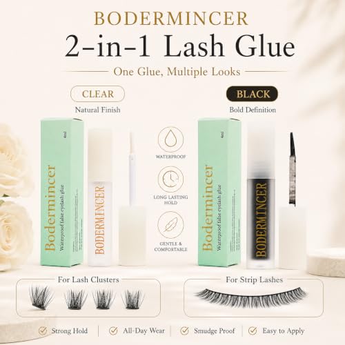 BODERMINCER Waterproof Black Lash Glue - Strong Hold for Cluster & Strip Lashes 4ml, Lash Clusters Glue