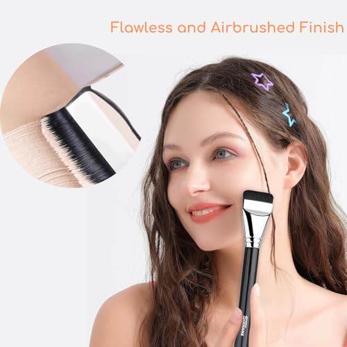 Rubycell Flat Foundation Brush Set with Makeup Sponge & Mixing Palette - Liquid & Cream Face Makeup Tools
