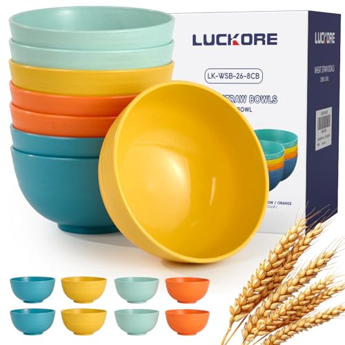 Luckore Unbreakable Wheat Straw Cereal Bowls Set of 8 - 26 oz, Multicolor