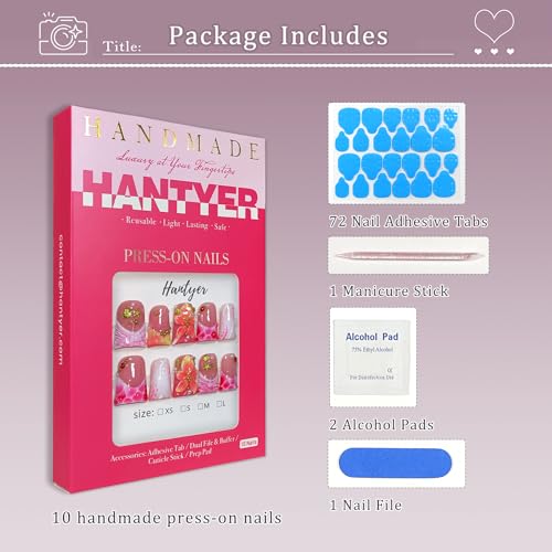 Hantyer L707 Short Duck Nails Pink Leopard French Tip Press On Nails with 3D Floral & Gold Seashells, Size S